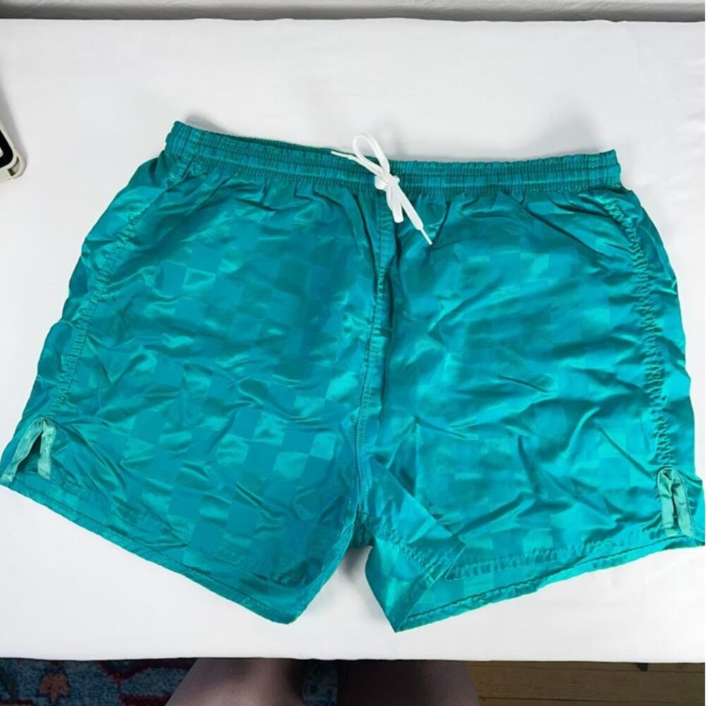 Vintage USA Olympics Shorts Men's Large Teal Checkered Nylon Soccer Shorts